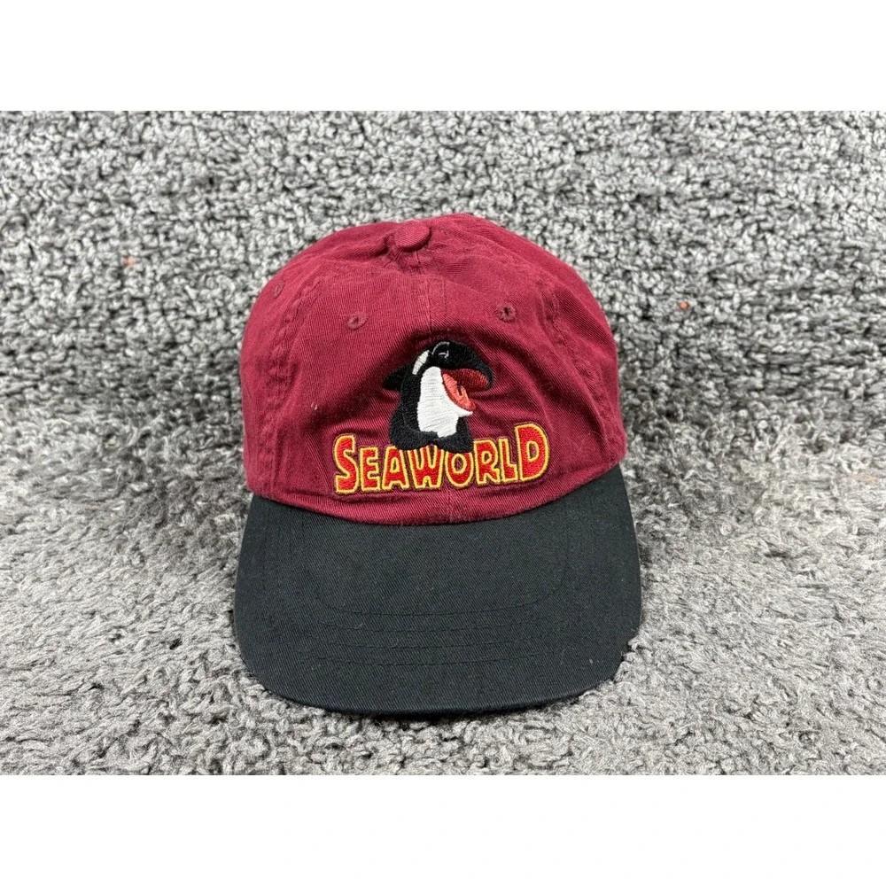 Vintage 90s SeaWorld Shamu Orca Hat Kids Youth Burgundy Black Baseball Cap